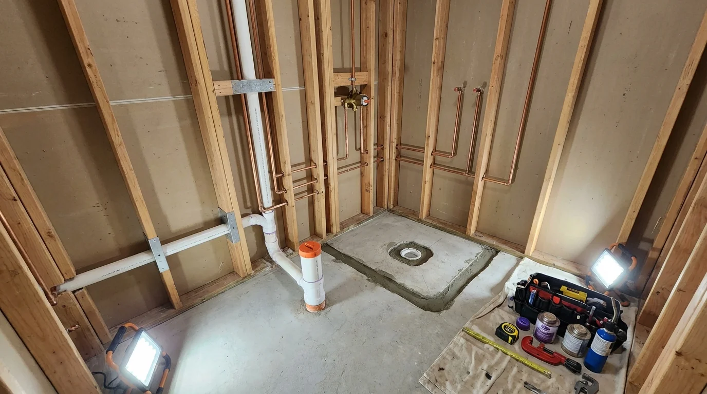 Bathroom rough-in plumbing during remodel by Johns Plumbing LLC in Niles