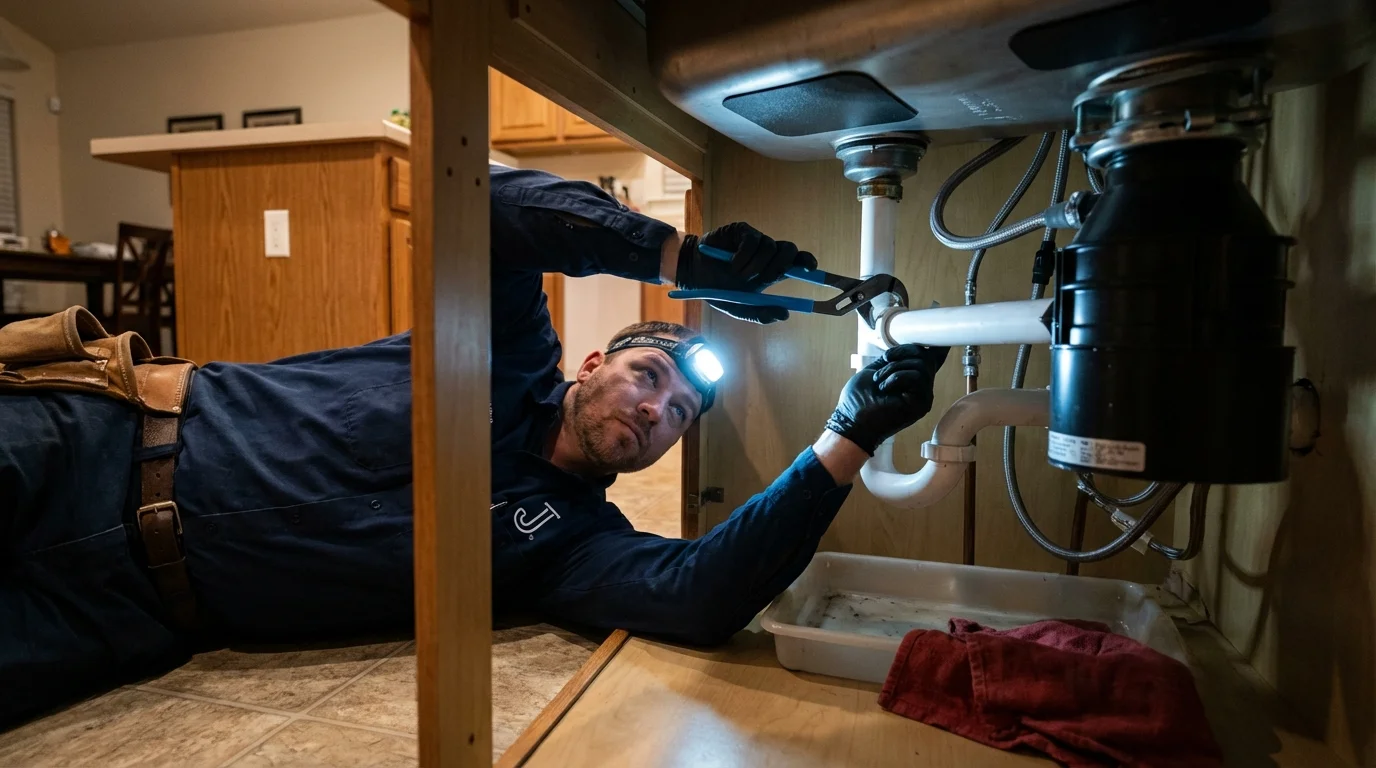 P-trap and supply line connections under a kitchen sink showing a common leak point in Niles, MI